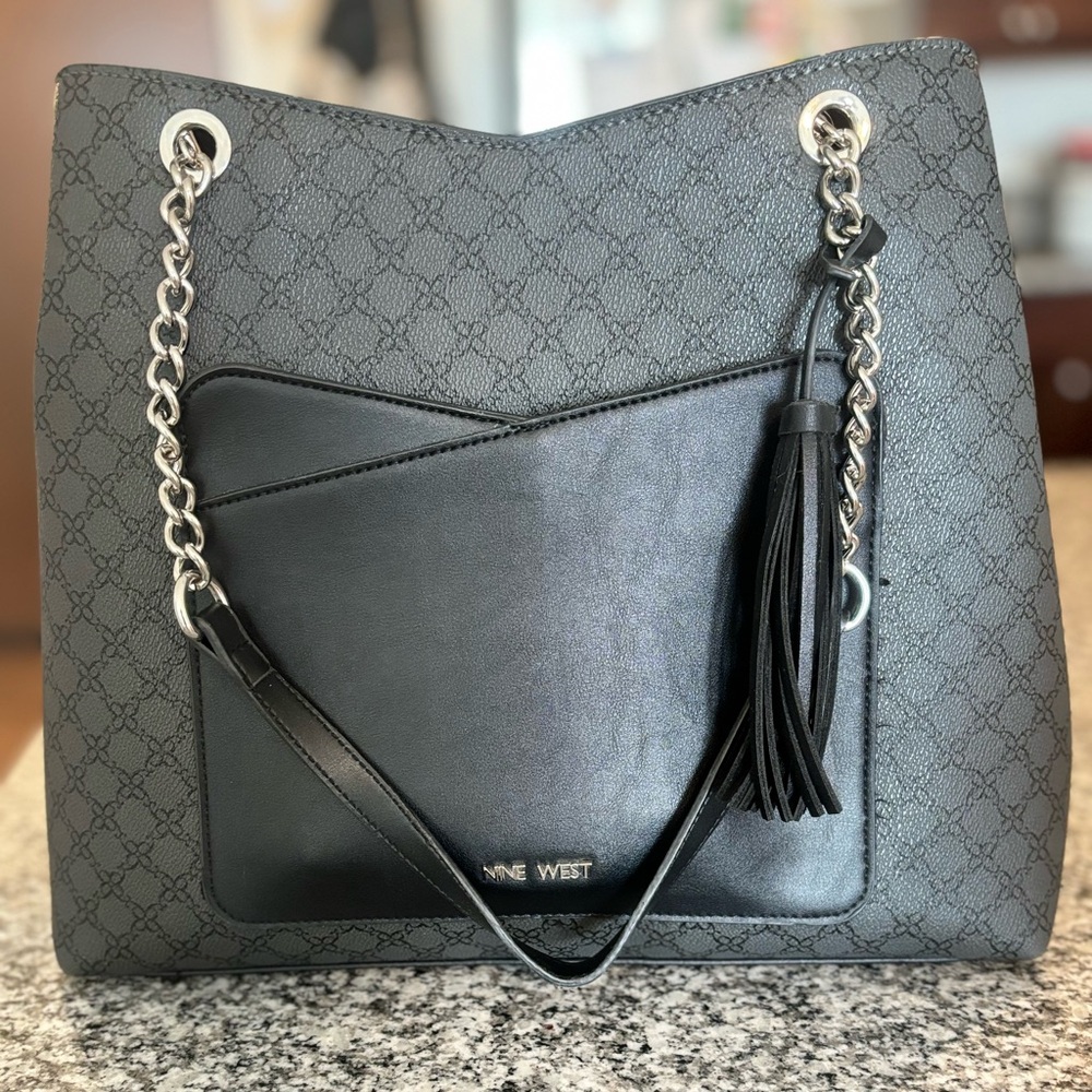 Nine West Black & Charcoal Chain-Handle Tote with Tassel